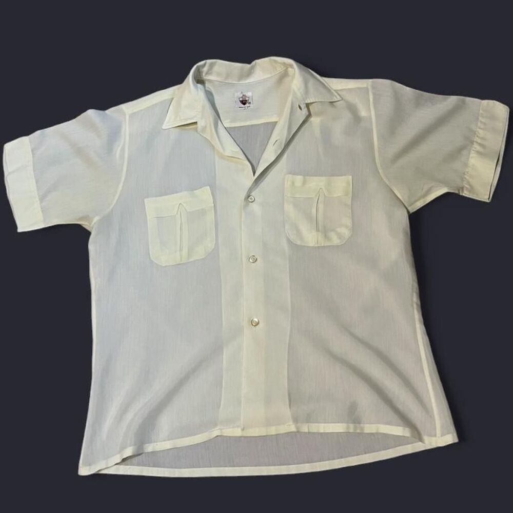Rare Men’s 1950’s BVD sheer white/light butter yellow button up shirt. M.